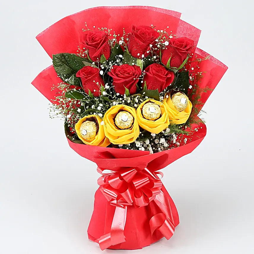Red Roses Bouquet Ferrero Rocher Chocolates