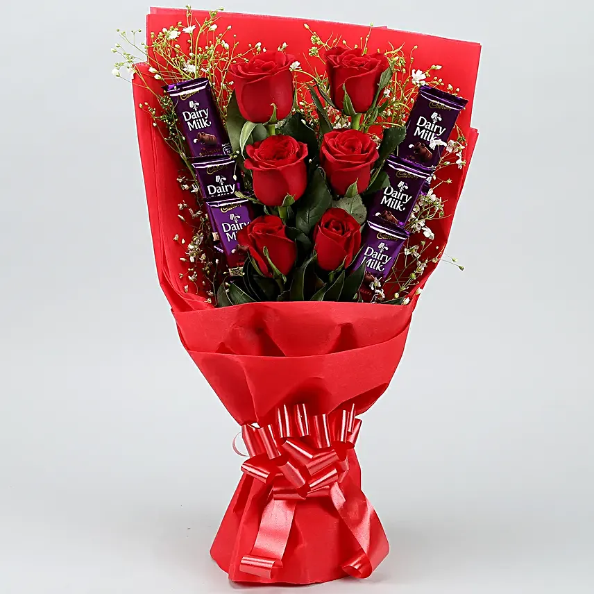 Red Roses Bouquet With Dairy Milk Chocolates