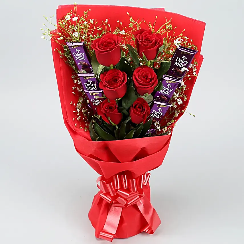 Red Roses Bouquet With Dairy Milk Chocolates