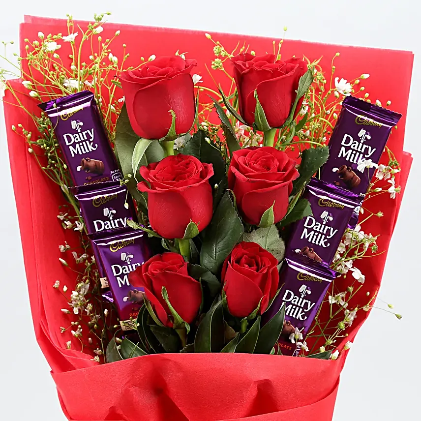 Red Roses Bouquet With Dairy Milk Chocolates