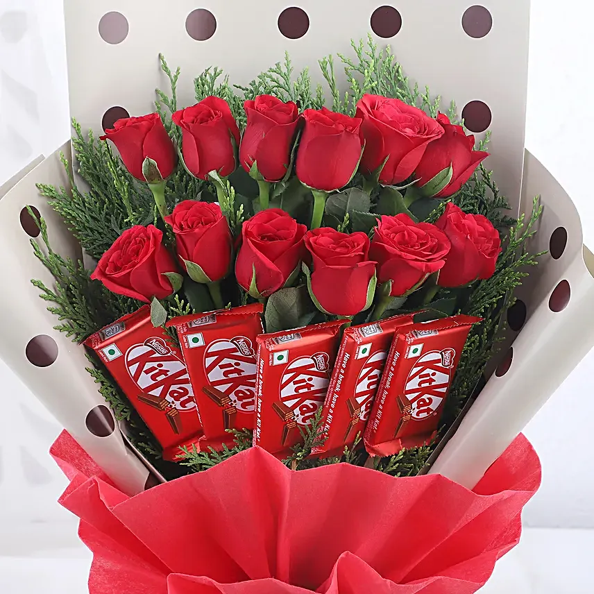 Red Roses Bouquet With Nestle Kitkat Chocolates