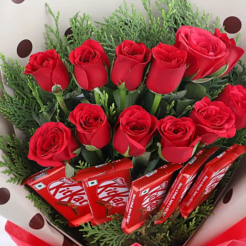 Red Roses Bouquet With Nestle Kitkat Chocolates