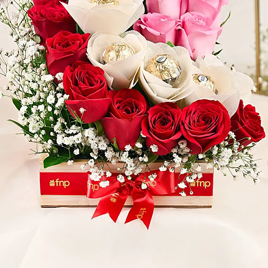 Red Roses Ferrero Rocher Arrangement In Round FNP Box