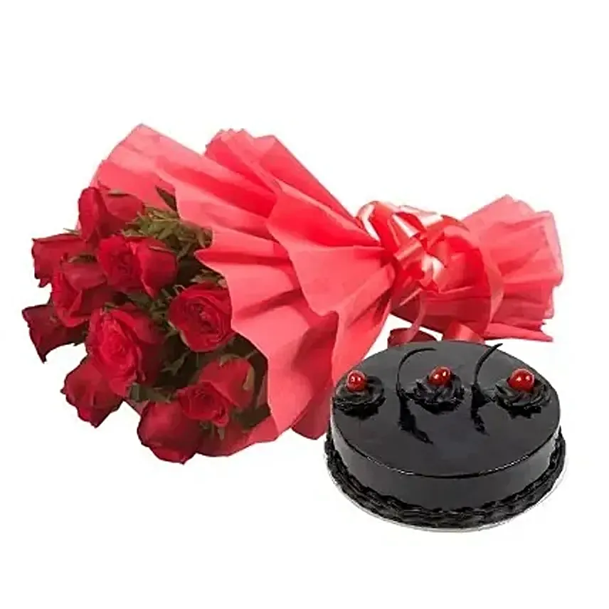 Red Rose with Cake - Bouquet of 10 red roses and 500 grams of chocolate truffle cake.