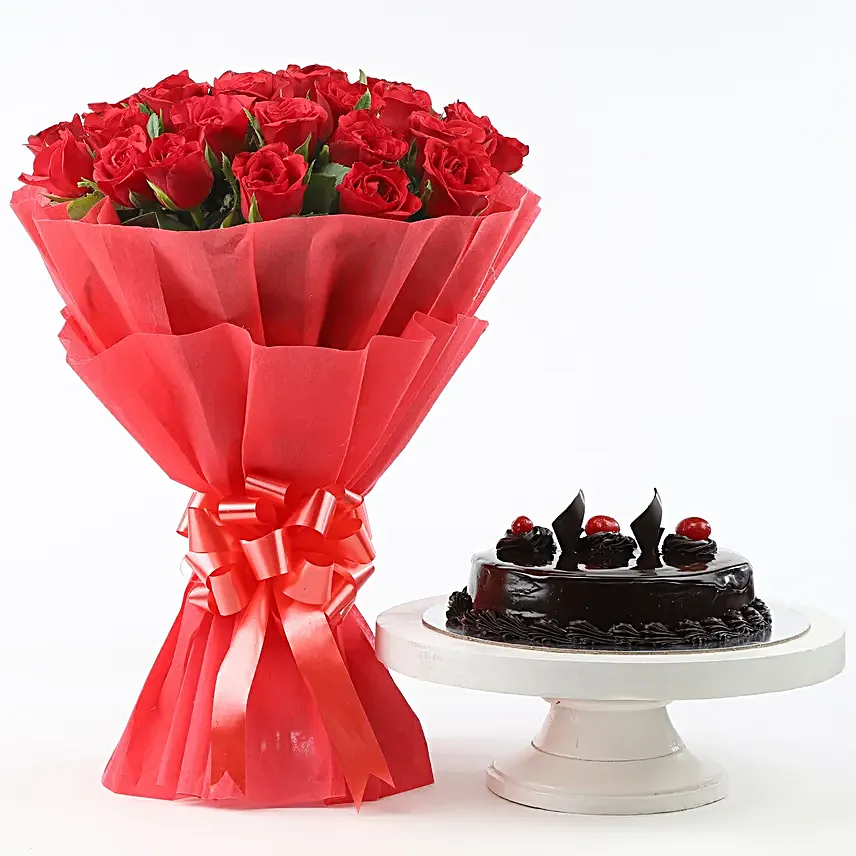Red Rose with Cake - Bouquet of 10 red roses and 500 grams of chocolate truffle cake.