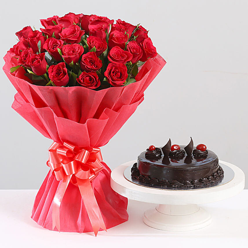 Red Rose with Cake - Bouquet of 10 red roses and 500 grams of chocolate truffle cake.