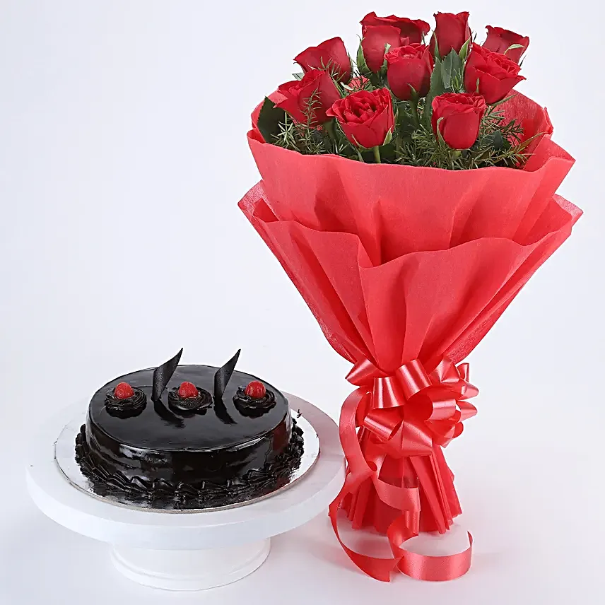 Red Rose with Cake - Bouquet of 10 red roses and 500 grams of chocolate truffle cake.