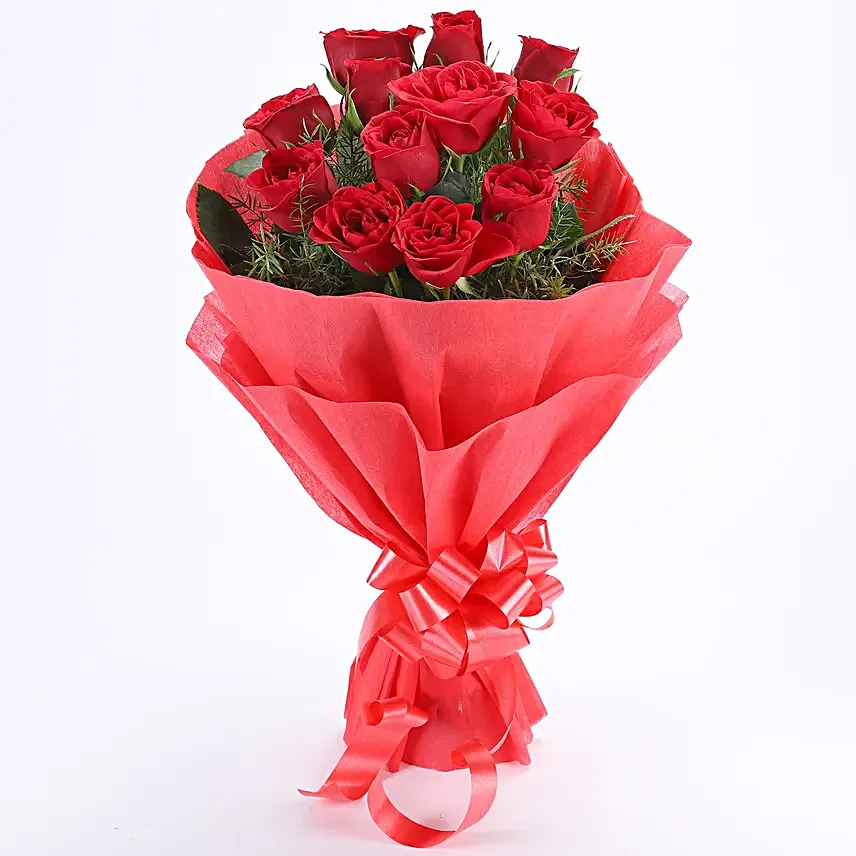 Red Rose with Cake - Bouquet of 10 red roses and 500 grams of chocolate truffle cake.