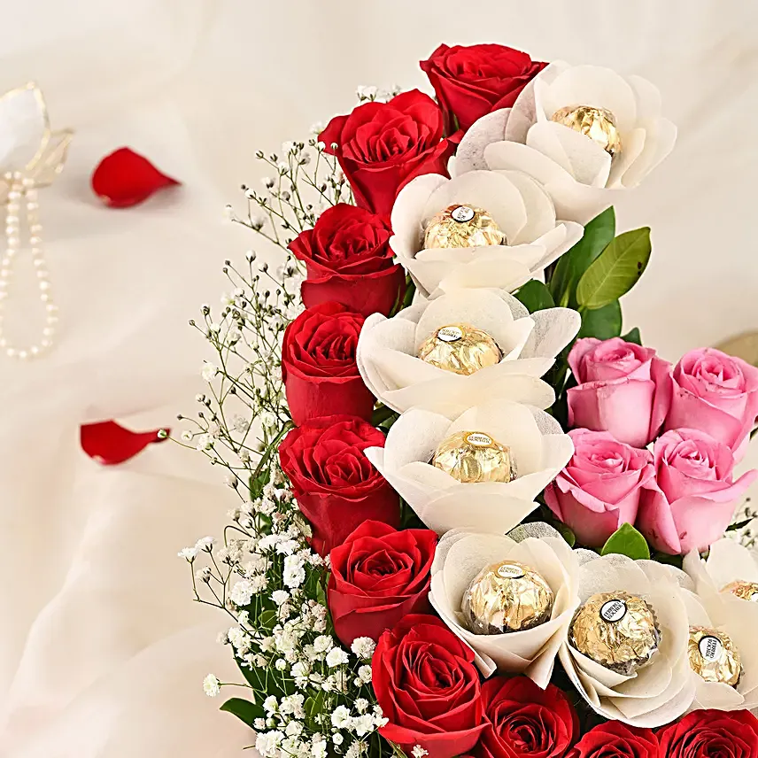 Red Roses With Ferrero Rocher Arrangement In Round FNP Box