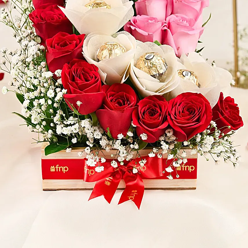 Red Roses With Ferrero Rocher Arrangement In Round FNP Box