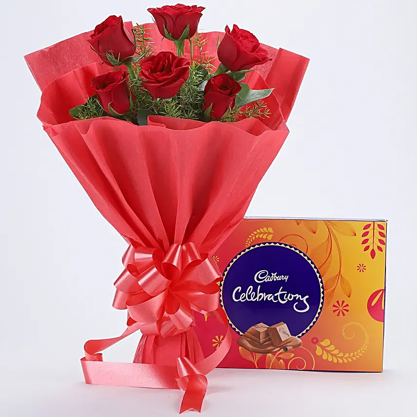Red Sensation - Bunch of 6 Red Roses with Cadbury Celebration  box.
