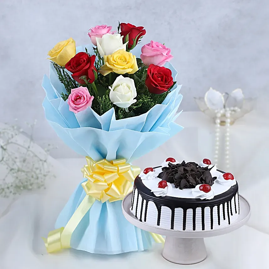 Roses & Black Forest Cake - 500 grams of black forest cake and Bunch of 10 mix colour.