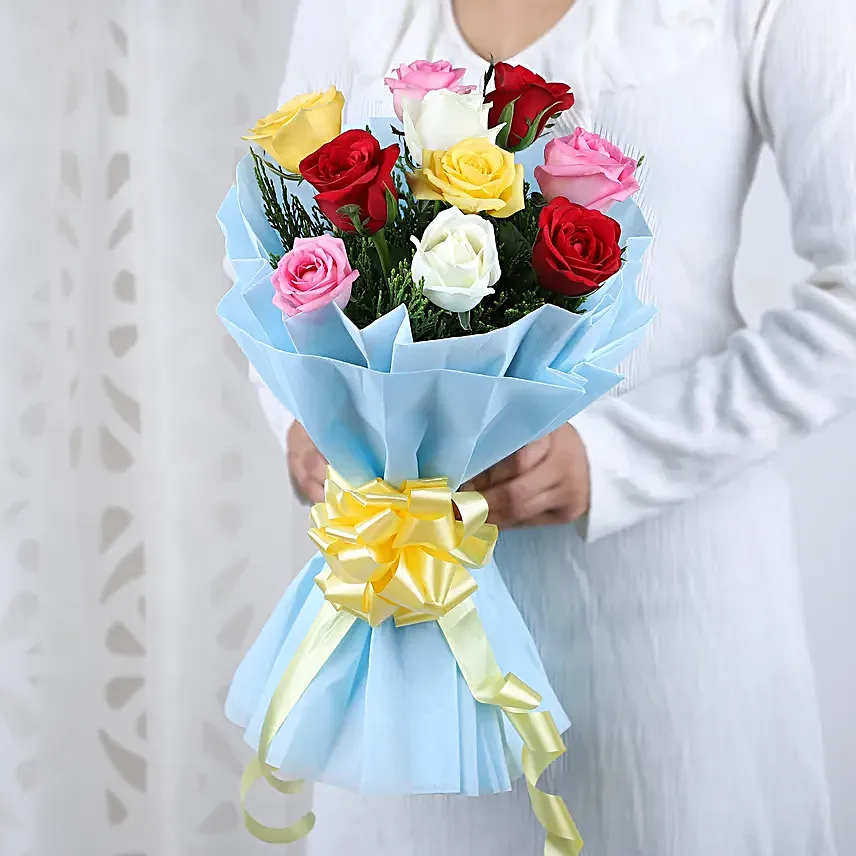 Roses & Black Forest Cake - 500 grams of black forest cake and Bunch of 10 mix colour.