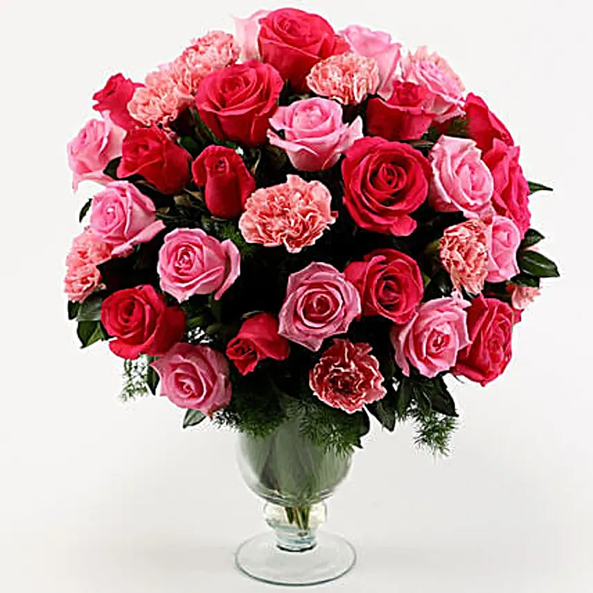 online exclusive roses n carnation glass vase arrangement