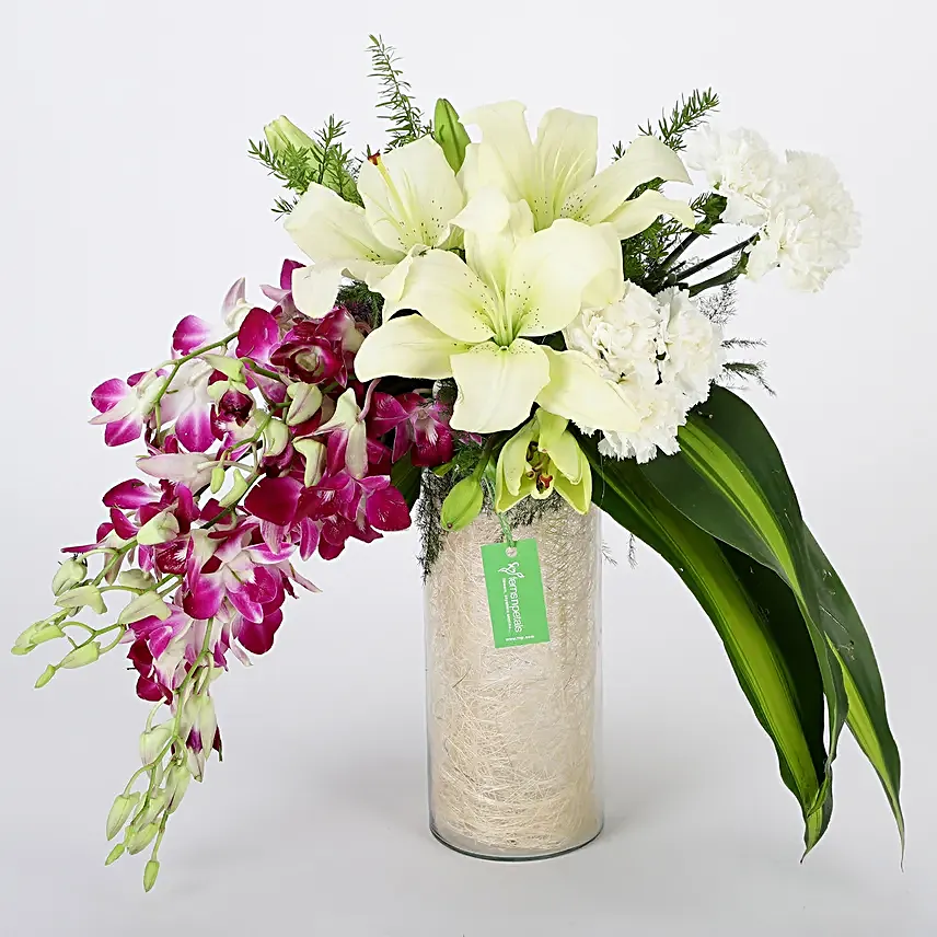 Combo of a glass vase arrangement of 6 purple orchids, 3 white asiatic lilies, 6 white carnations, draceane leaves and vase filler, with 16 pieces of ferrero rocher chocolates