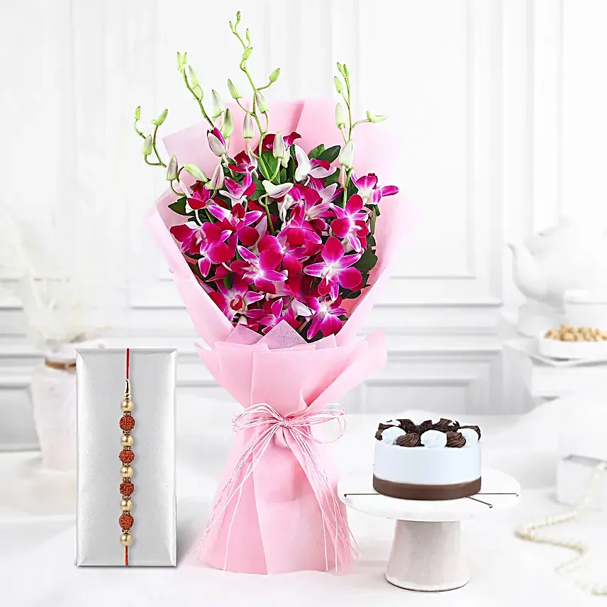 Rudraksha Good Omen Rakhi N Orchids With Bento Cake