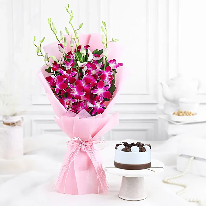 Rudraksha Good Omen Rakhi N Orchids With Bento Cake