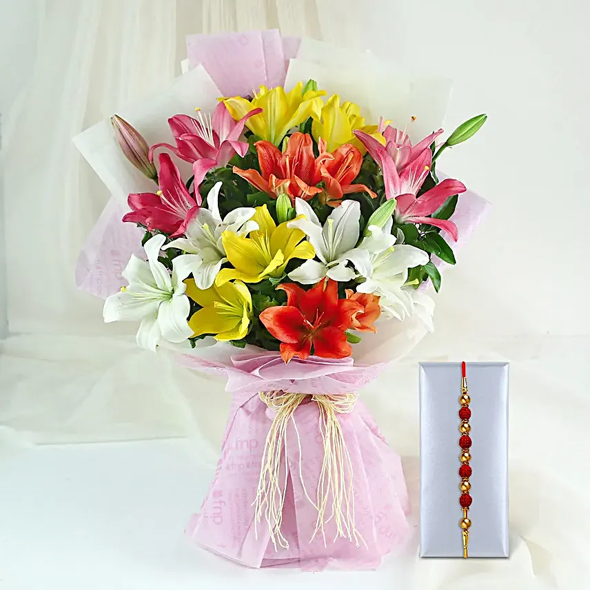 Rudraksha Rakhi N Asiatic Lilies Sweet Bouquet