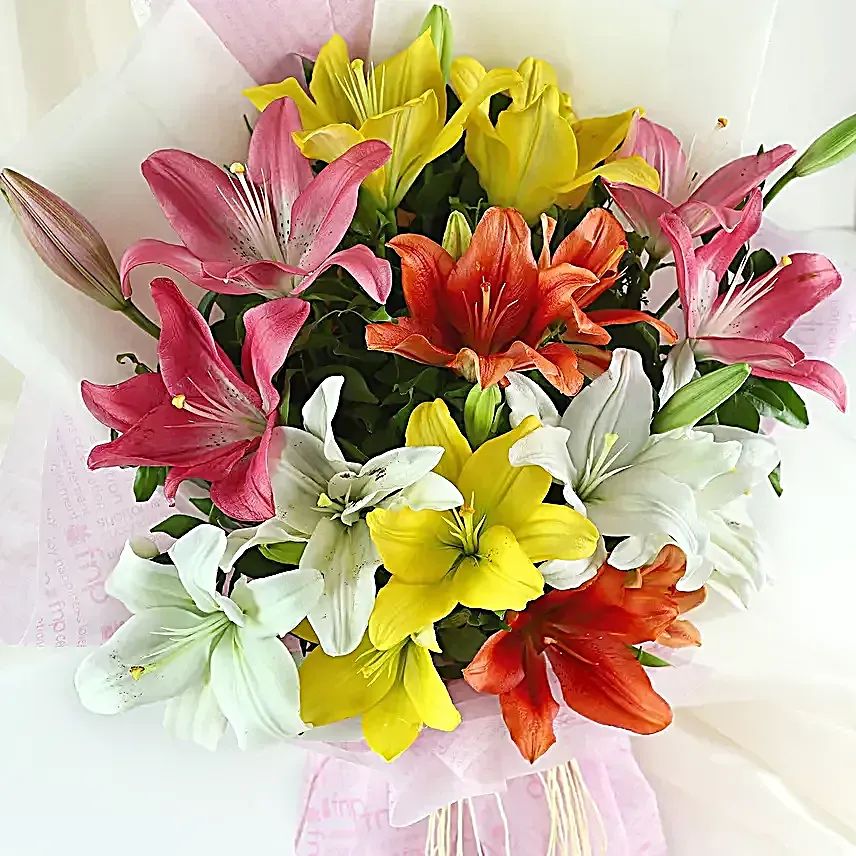 Rudraksha Rakhi N Asiatic Lilies Sweet Bouquet