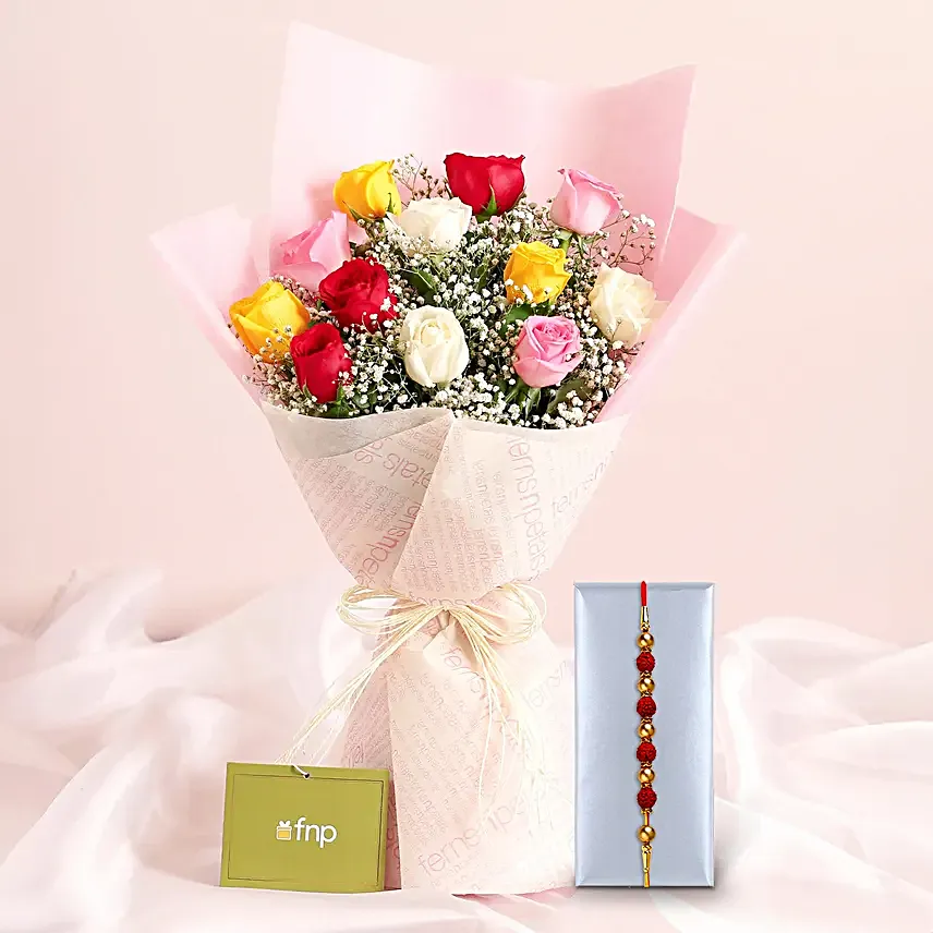 Rudraksha Rakhi N Colourful Bond Rose Bouquet