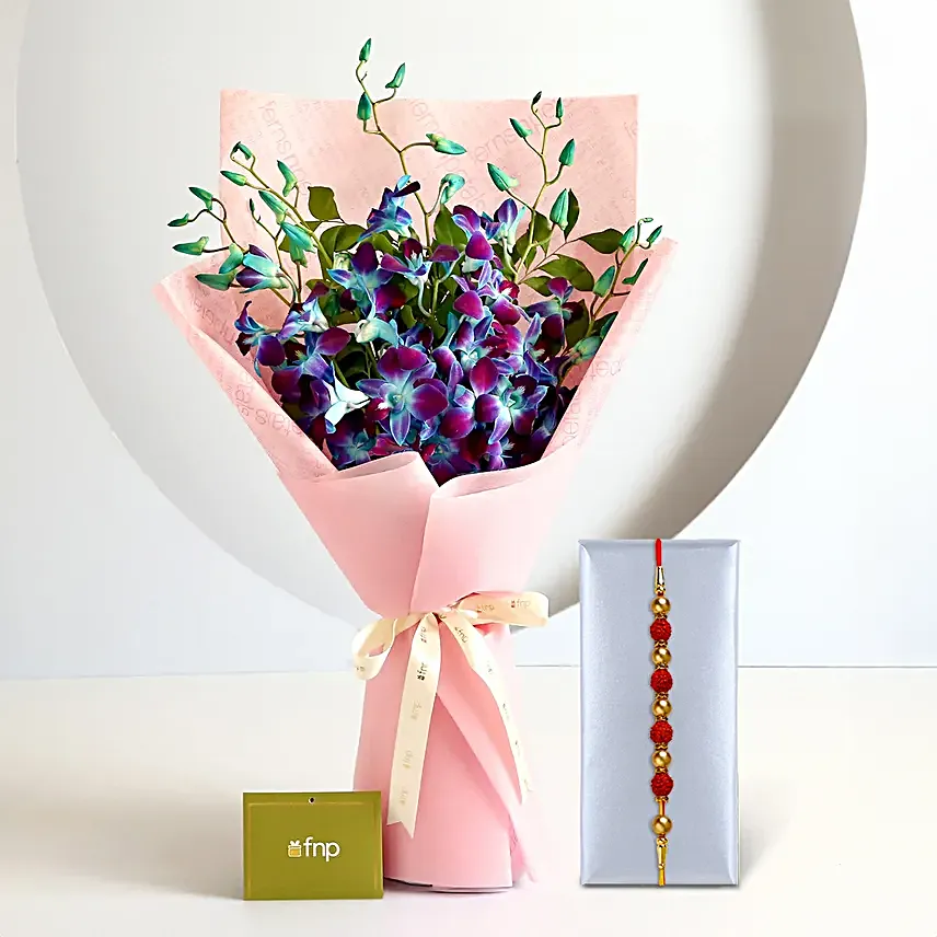 Rudraksha Rakhi N Mystical Orchids Bouquet