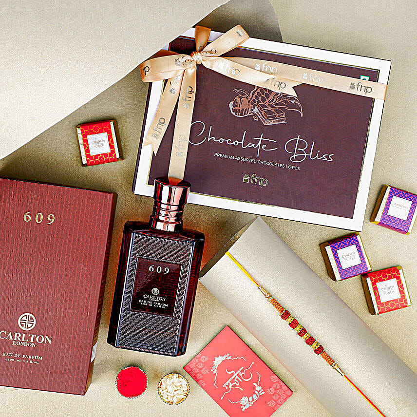 Rudraksha Rakhi N Premium Perfume With Chocolates