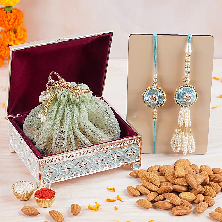 Sagar Mani Bhaiya Bhabhi Rakhi Set N Almonds Silver Box