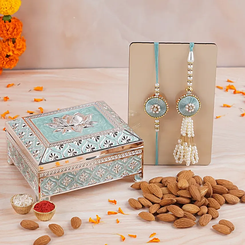 Sagar Mani Bhaiya Bhabhi Rakhi Set N Almonds Silver Box