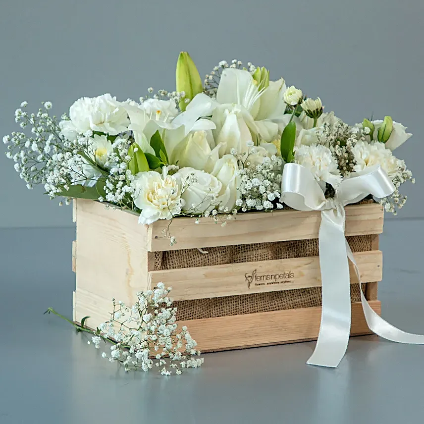 Serene White Flowers Wooden Crate Arrangement