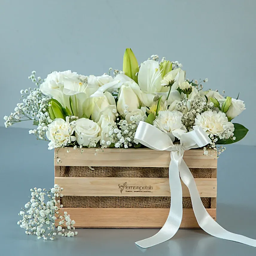 Serene White Flowers Wooden Crate Arrangement