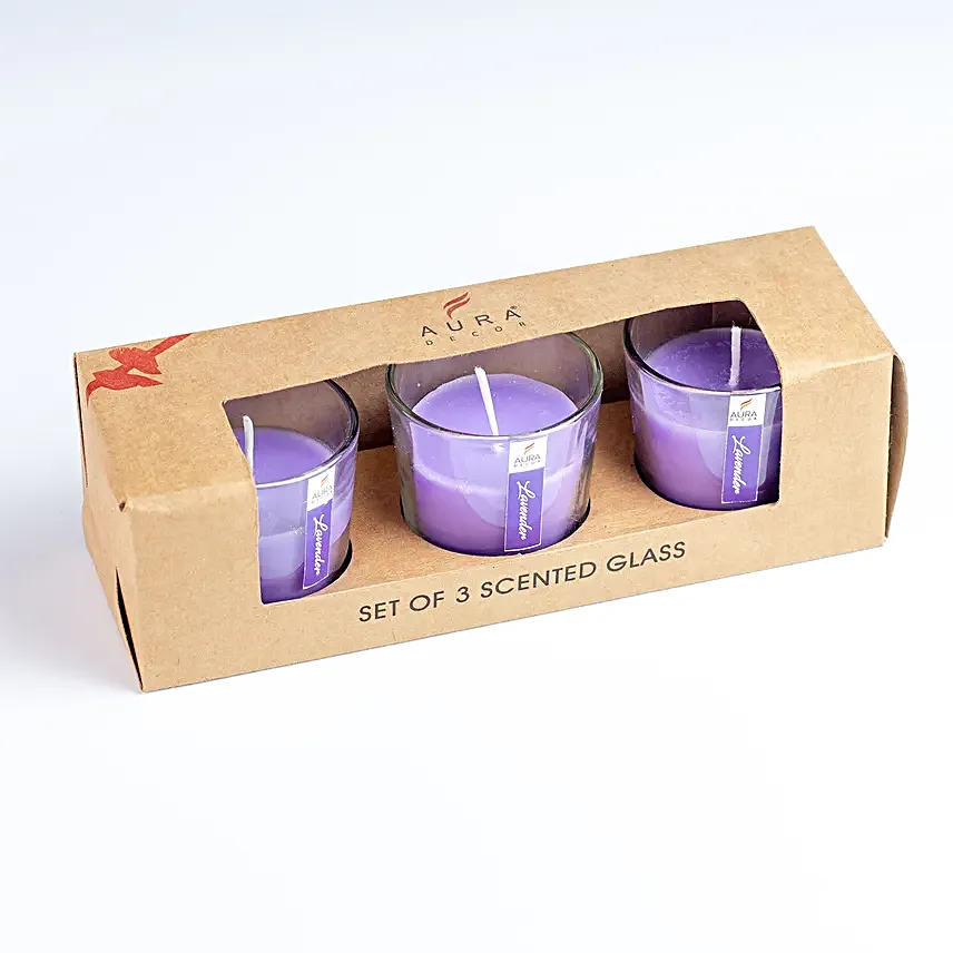 Set of 3 Fragrant Votive Glass Candles Lavender