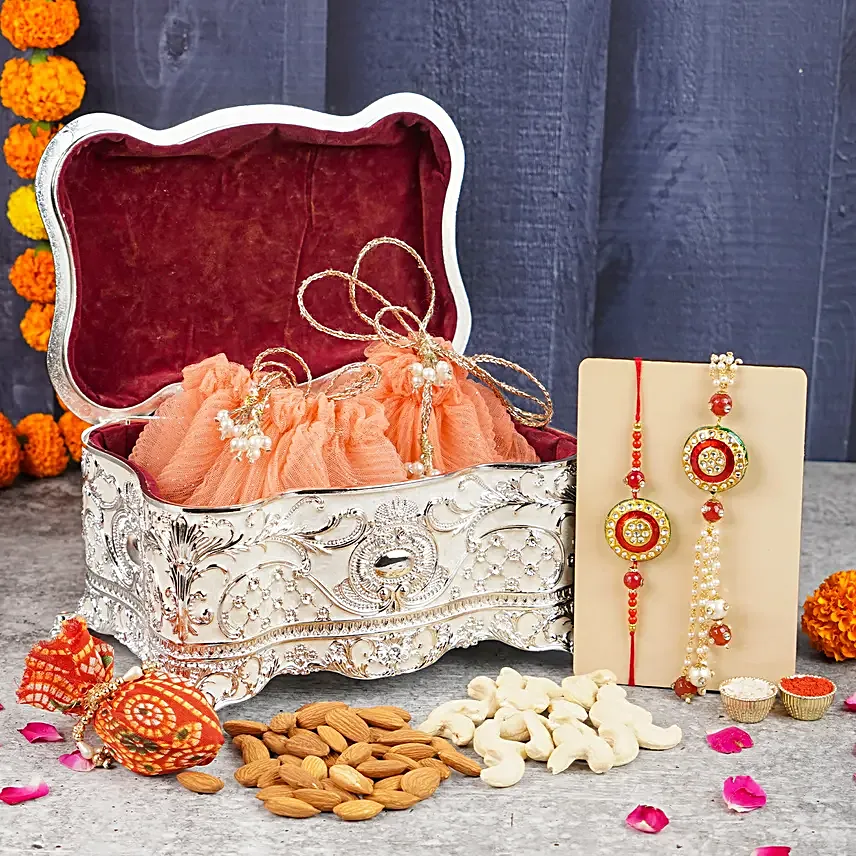 Shubh Sargam Bhaiya Bhabhi Rakhis N Dryfruits Silver Box