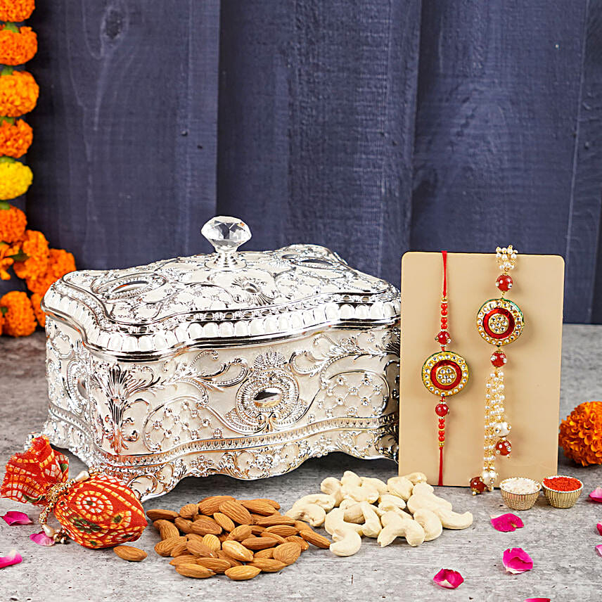 Shubh Sargam Bhaiya Bhabhi Rakhis N Dryfruits Silver Box