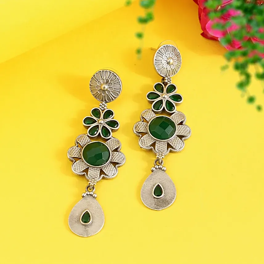 Silver Plated Drop Earrings Green