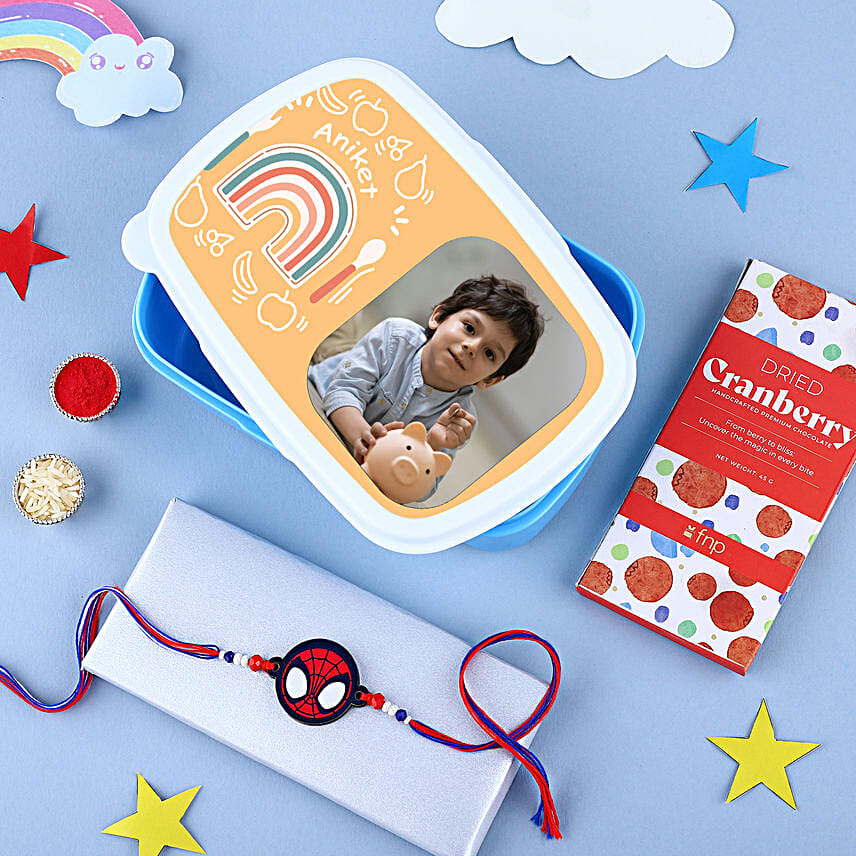 Spiderman Mask Rakhi N Personalised Lunch Box Combo