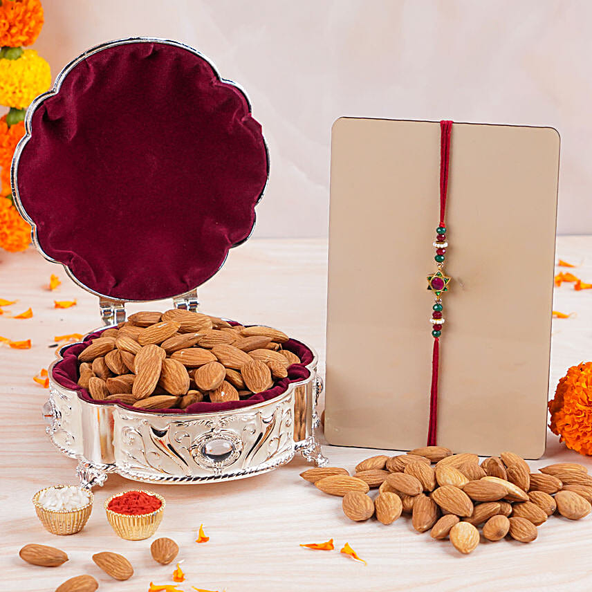 Surya Kiran Ratna Rakhi N Almonds Silver Box