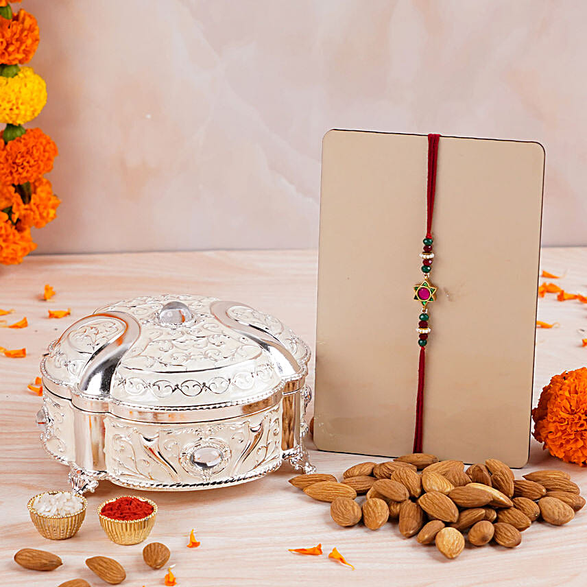 Surya Kiran Ratna Rakhi N Almonds Silver Box
