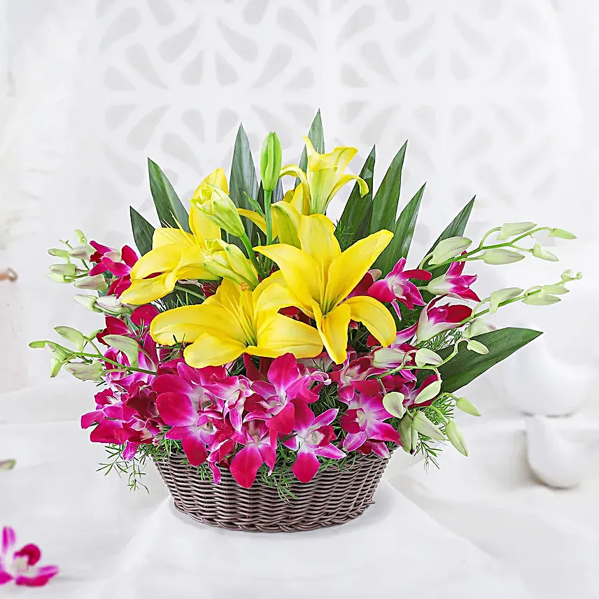 Timeless Elegance - Basket arrangement of 6 Purple Orchids with 2 yellow lilies.