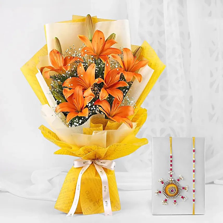 Token of Love Bhaiya Bhabhi Rakhi N Sunny Lilies Bouquet
