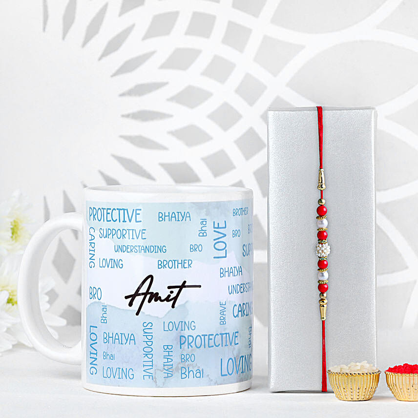 Traditional Pearls Rakhi N Personalised Name Mug Gift