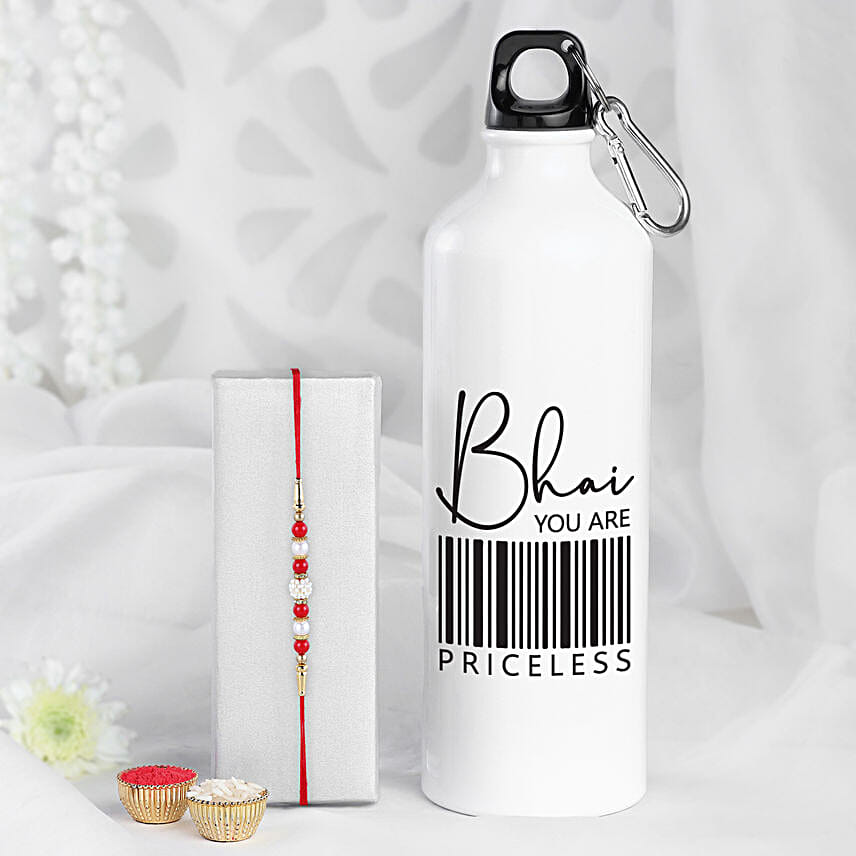 Traditional Pearls Rakhi N Priceless Bhai Water Bottle Combo