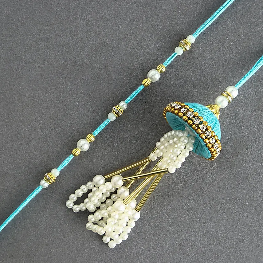 Tranquil Teal Jhumar Bhaiya Bhabhi Pearl Rakhi Set