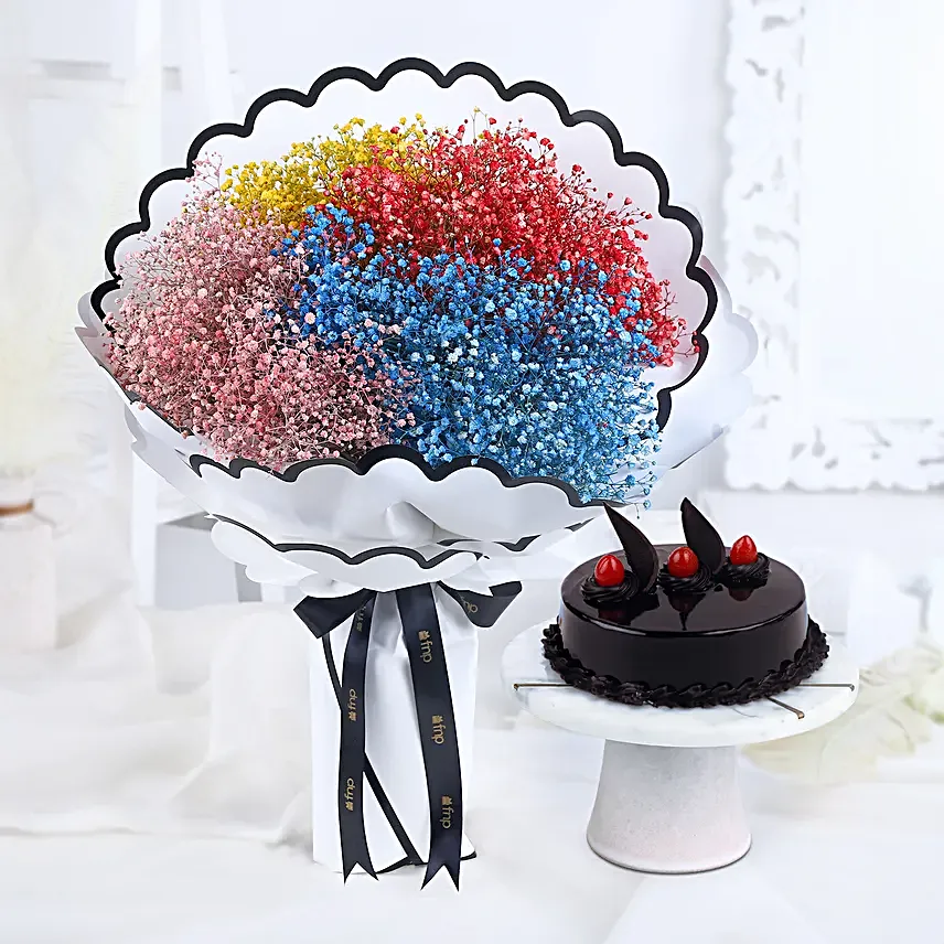 Truffle Cake N Multicoloured Flora Boquet