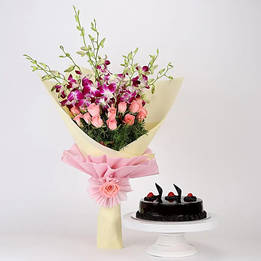 Orchids and Roses with Cake Online