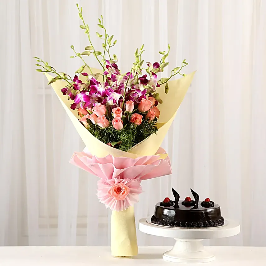 Orchids and Roses with Cake Online