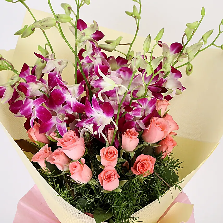 Orchids and Roses with Cake Online