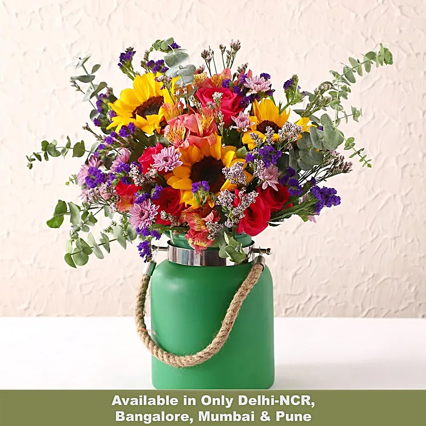 Vibrant Mixed Flowers Green Jar