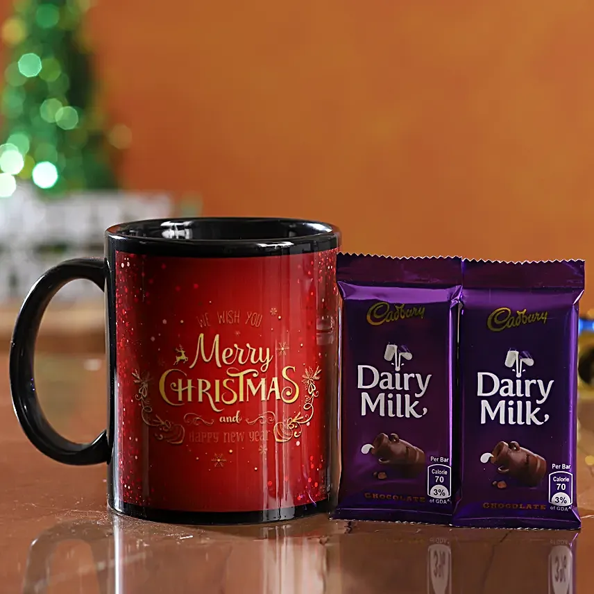 christmas theme mug with chocolates