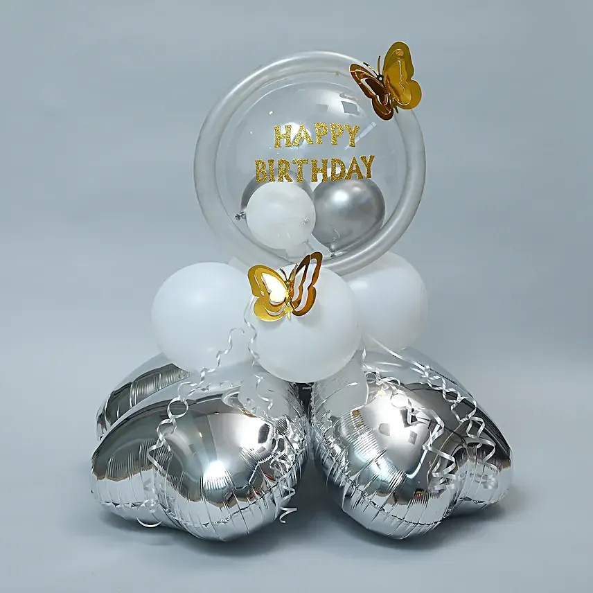 White and Silver Birthday Balloon Arrangement
