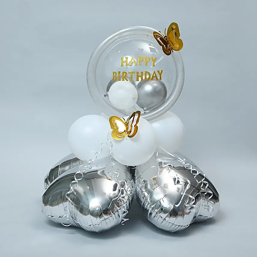 White and Silver Birthday Balloon Arrangement